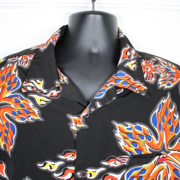 Rusty Surf Flamed Hibiscus Black Button Up Short Sleeve Shirt Mens XL All Over - Picture 2 of 9